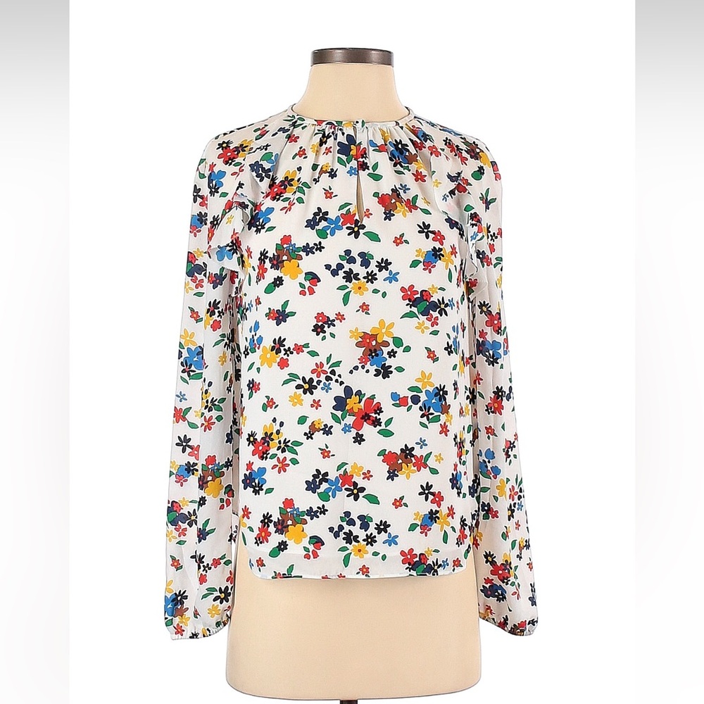 Kate Spade White and Floral Ruffle Long Sleeve Blouse XS